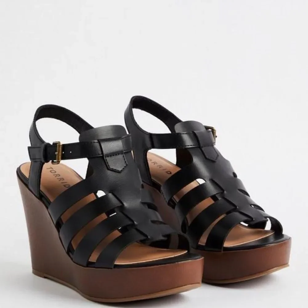 Torrid Black NWT Faux Leather Fisherman Wooden‎ Wedge Platform Sandals Sz 12WW